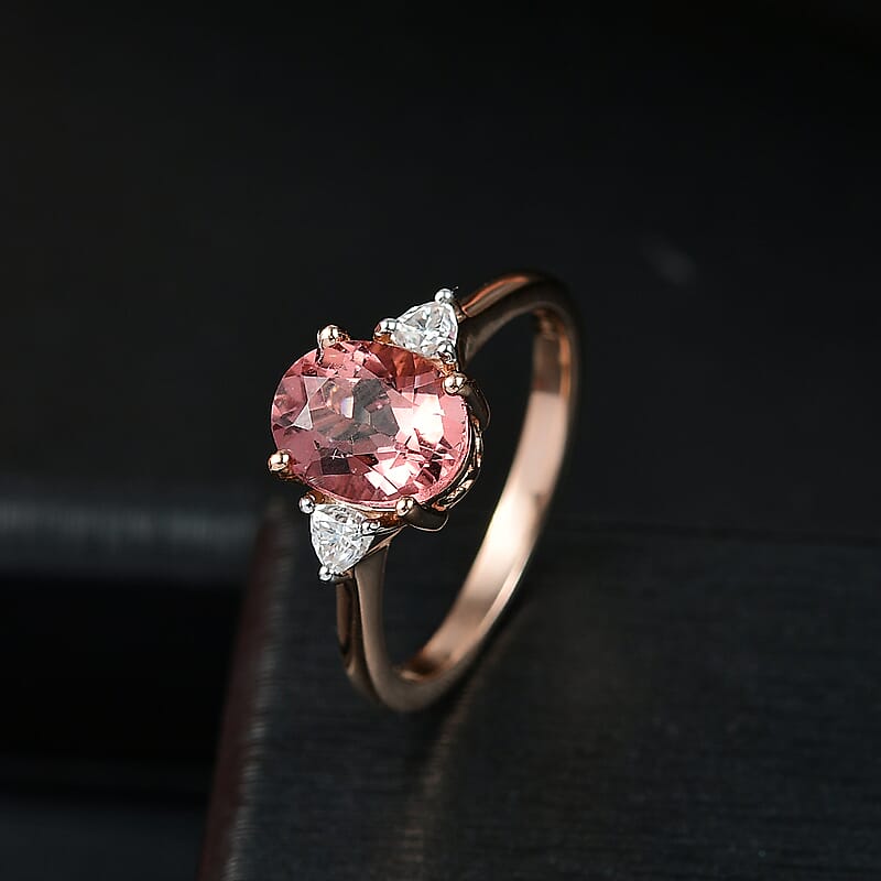 D'Joy Red Apatite and Moissanite 2.25 ctw Flame Promise Ring in 18K Vermeil Rose Gold Over Sterling Silver (Size 10.0)