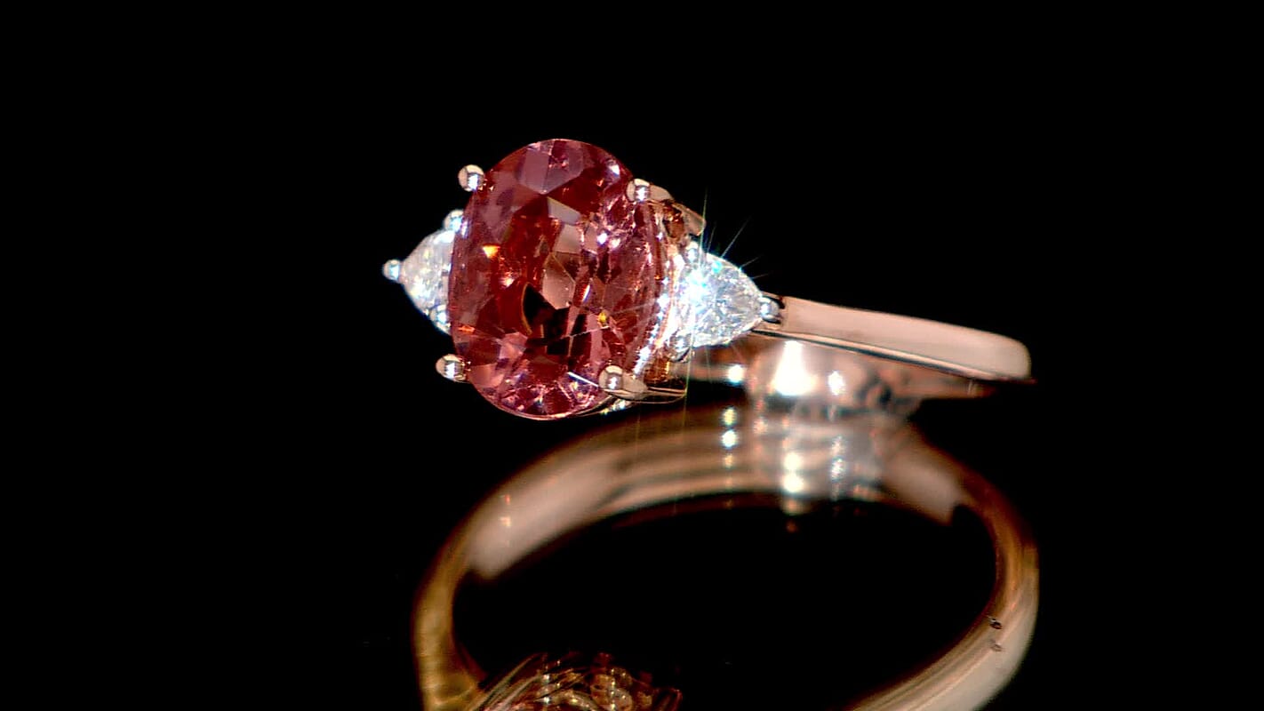 D’Joy Red Apatite, Moissanite 3 Stone Ring in 18K Vermeil RG Over Sterling Silver (Size 10.0) 2.25 ctw