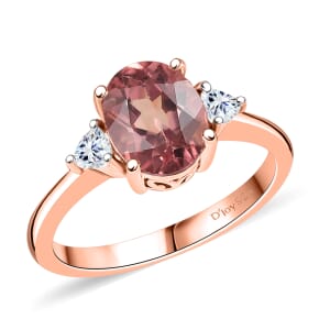 D’Joy Red Apatite and Moissanite 2.25 ctw 3 Stone Ring in 18K Vermeil Rose Gold Over Sterling Silver (Size 7.0)