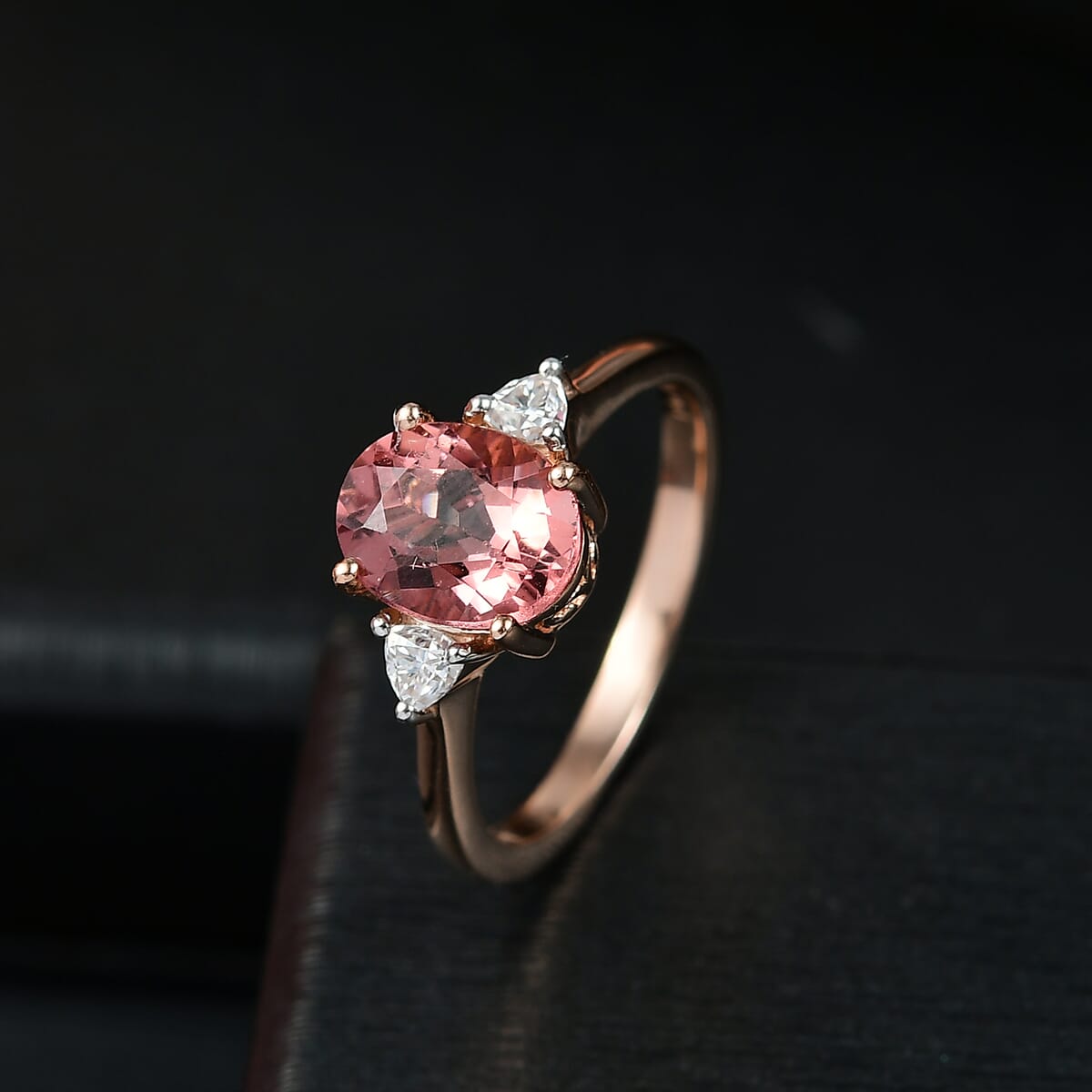 D’Joy Red Apatite and Moissanite 2.25 ctw 3 Stone Ring in 18K Vermeil Rose Gold Over Sterling Silver (Size 7.0) image number 1