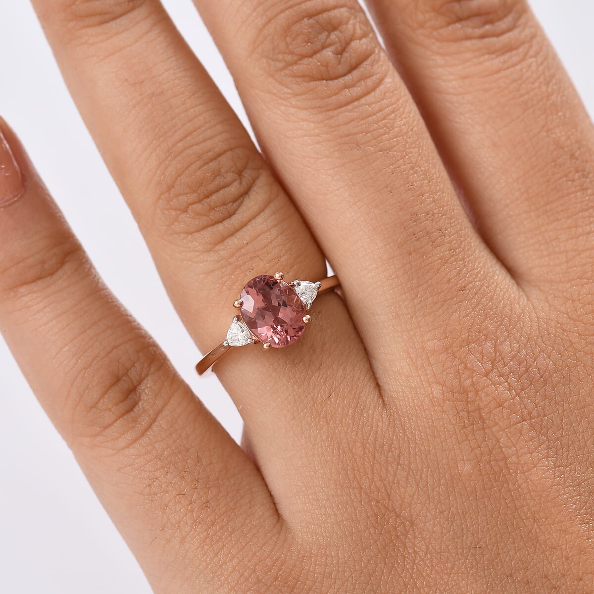 D’Joy Red Apatite and Moissanite 2.25 ctw 3 Stone Ring in 18K Vermeil Rose Gold Over Sterling Silver (Size 7.0) image number 2