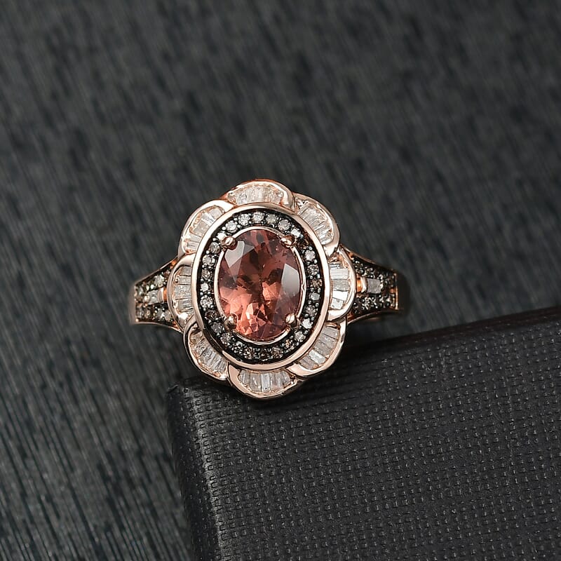 D'Joy Red Apatite, Natural Champagne and White Diamond 1.80 ctw Inferno Bloom Ring in 18K Vermeil Rose Gold Over Sterling Silver (Size 6.0) 