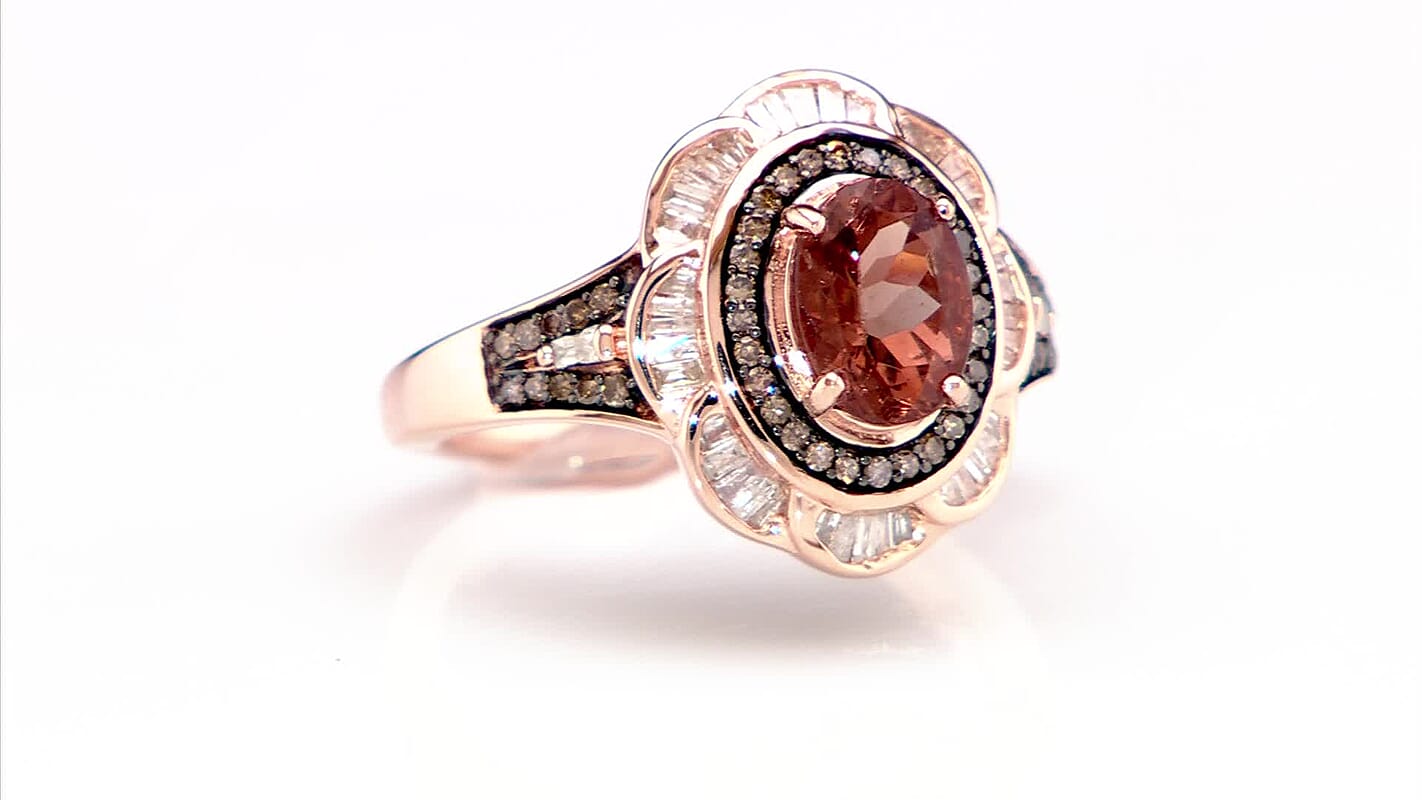D’Joy Red Apatite, Natural Champagne and White Diamond (0.55 cts) Floral Ring in 18K Vermeil RG Over Sterling Silver (Size 10.0) 1.80 ctw