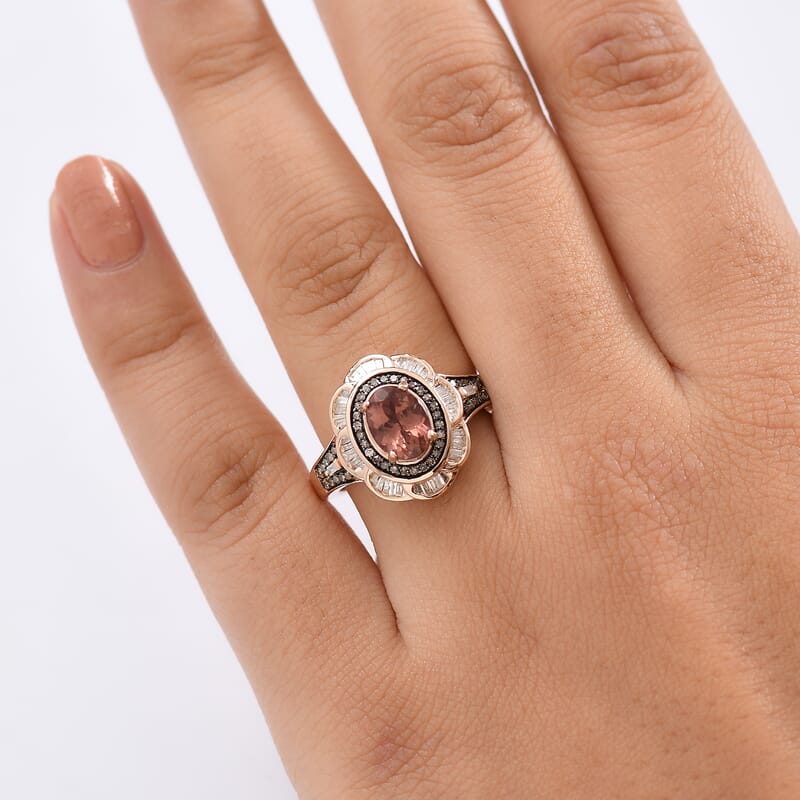D'Joy Red Apatite, Natural Champagne and White Diamond 1.80 ctw Inferno Bloom Ring in 18K Vermeil Rose Gold Over Sterling Silver (Size 6.0) 