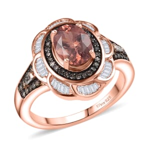 D’Joy Red Apatite, Natural Champagne and White Diamond 1.80 ctw Floral Ring in 18K Vermeil Rose Gold Over Sterling Silver (Size 7.0)