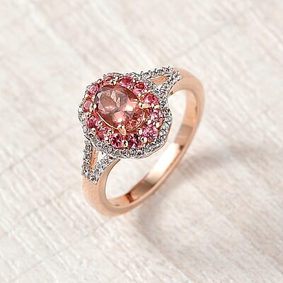 D'Joy Red Apatite and Multi Gemstone 1.50 ctw Fire Halo Ring in 18K Vermeil Rose Gold Over Sterling Silver (Size 10.0)