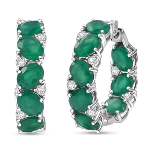 EverTrue Green Onyx and White Zircon 18.40 ctw Hoop Earrings Platinum Bond 