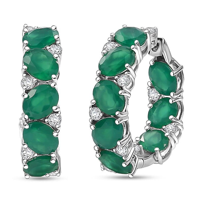 EverTrue Green Onyx and White Zircon 28.50 ctw Hoop Earrings Platinum Bond 