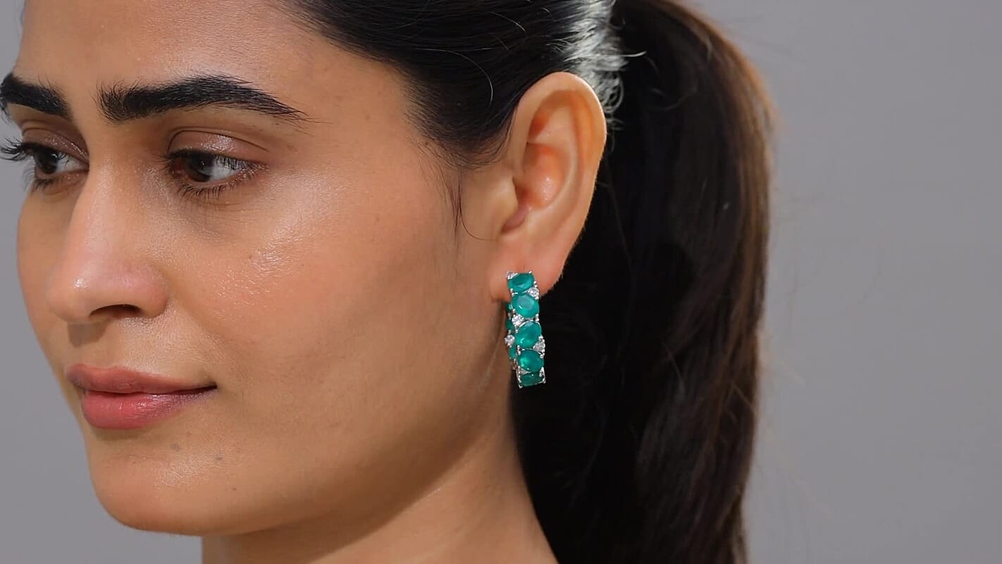 EverTrue Green Onyx and White Zircon 28.50 ctw Hoop Earrings Platinum Bond
