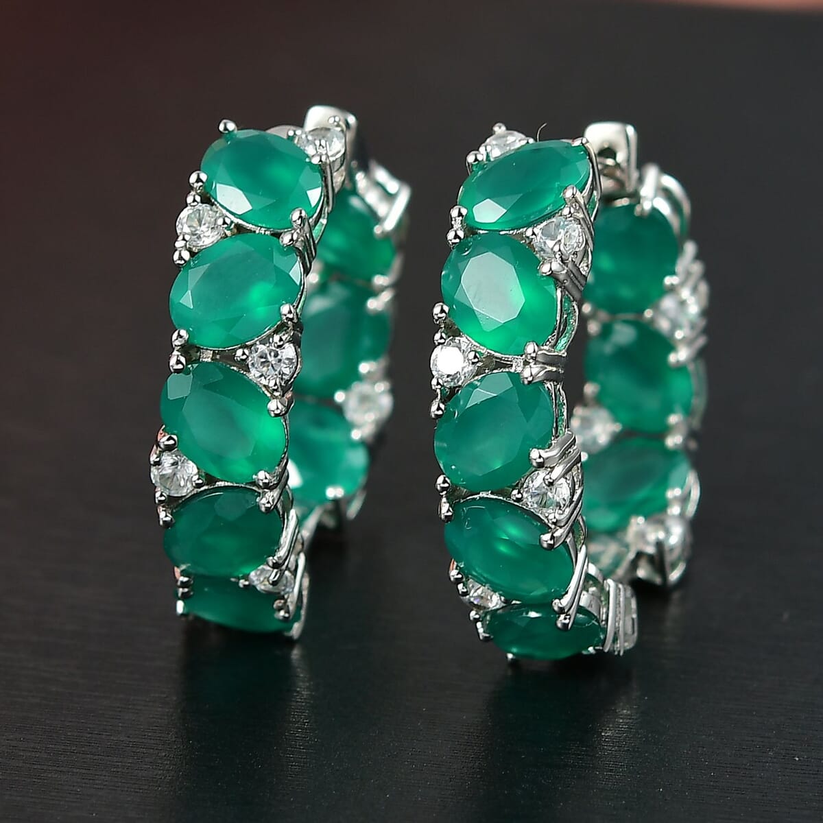 EverTrue Green Onyx and White Zircon 18.40 ctw Hoop Earrings Platinum Bond  image number 1