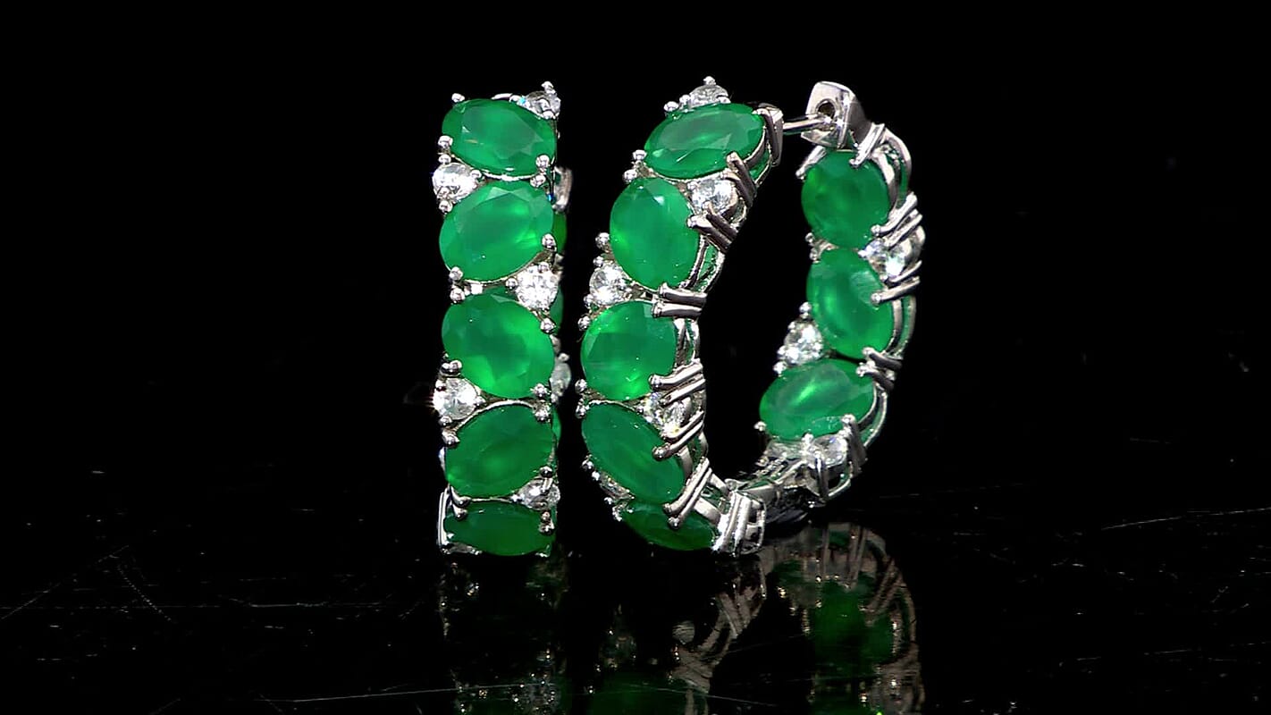 EverTrue Green Onyx and White Zircon 28.50 ctw Hoop Earrings Platinum Bond