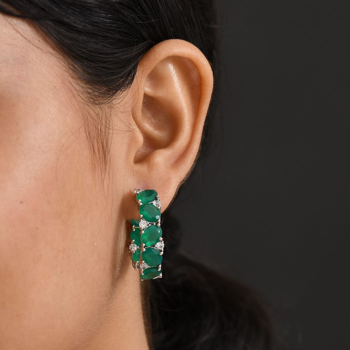 EverTrue Green Onyx and White Zircon 18.40 ctw Hoop Earrings Platinum Bond  image number 2