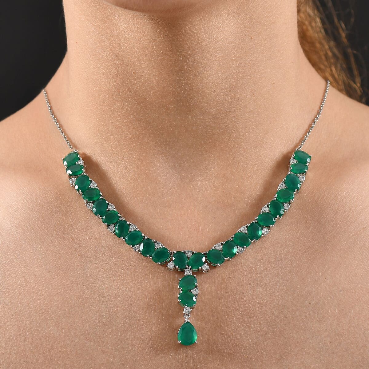 EverTrue Green Onyx and White Zircon 32.95 ctw Necklace 18 Inches Platinum Bond image number 2