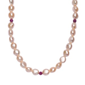D'Joy Peach Freshwater Pearl and Ruby 2.00 ctw Necklace in 18K Vermeil Yellow Gold Over Sterling Silver 18 Inches