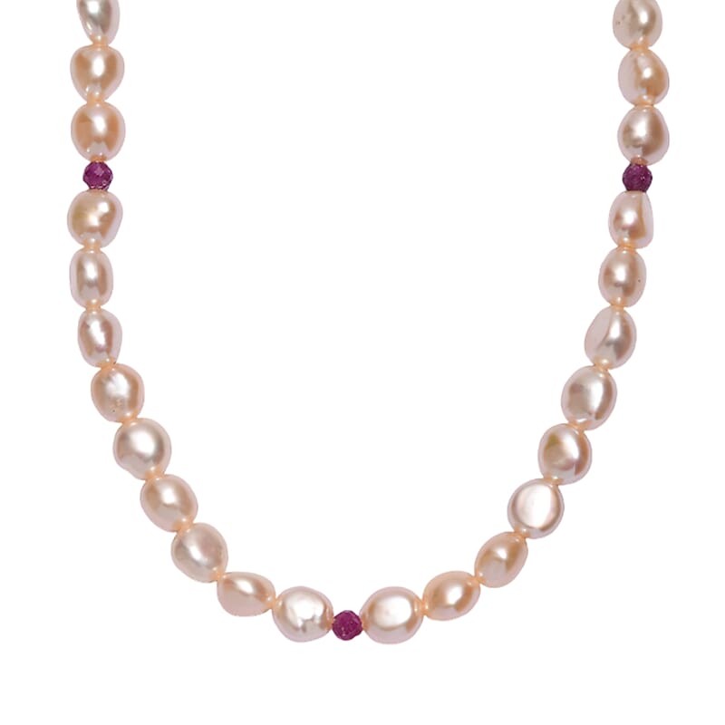 D'Joy Peach Freshwater Pearl and Ruby 2.00 ctw Necklace in 18K Vermeil Yellow Gold Over Sterling Silver 18 Inches