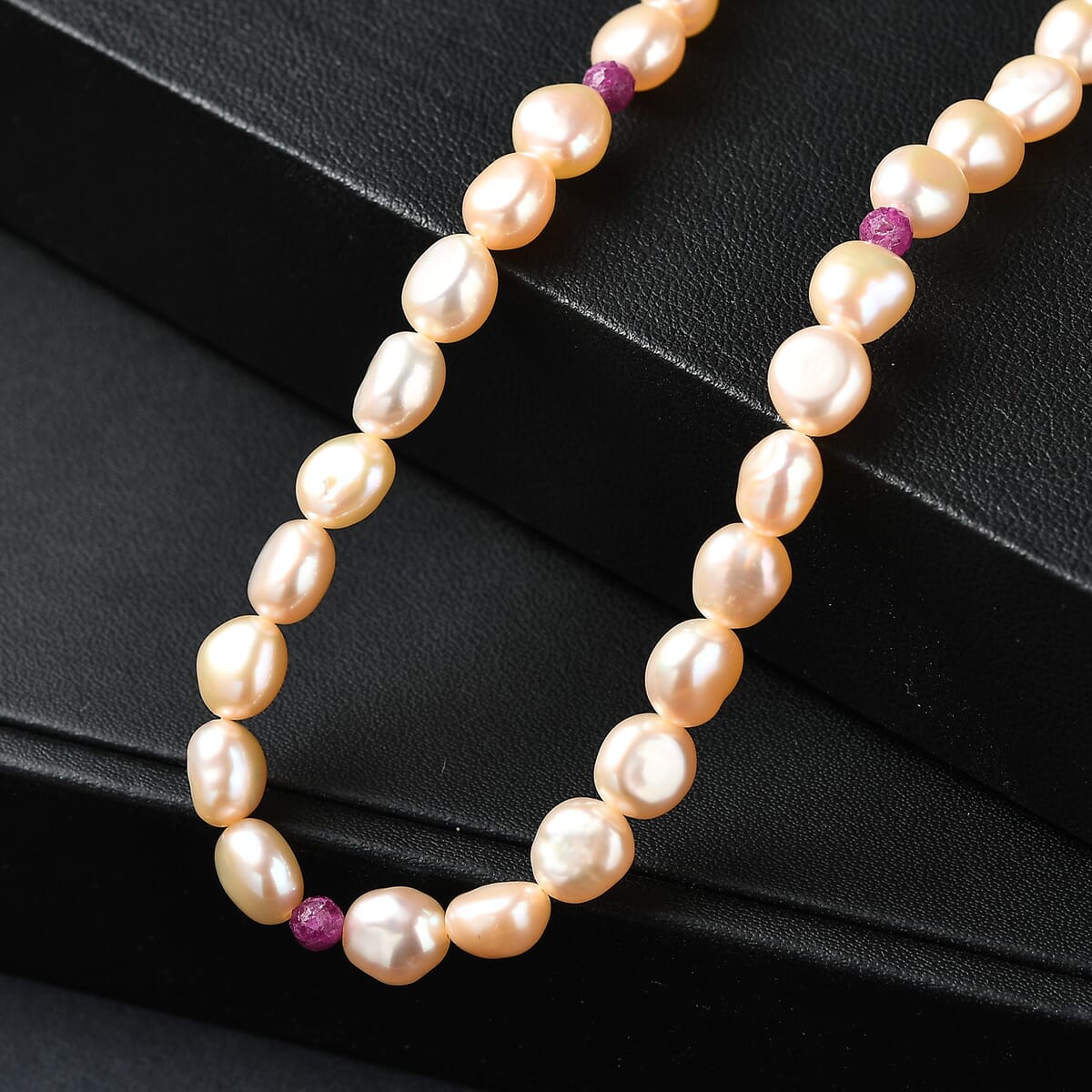 D'Joy Peach Freshwater Pearl and Ruby 2.00 ctw Necklace in 18K Vermeil Yellow Gold Over Sterling Silver 18 Inches image number 1
