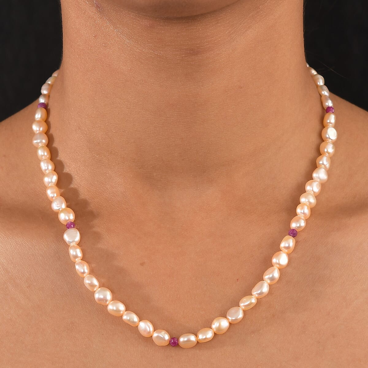 D'Joy Peach Freshwater Pearl and Ruby 2.00 ctw Necklace in 18K Vermeil Yellow Gold Over Sterling Silver 18 Inches image number 2