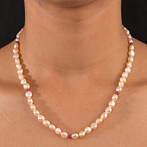 D'Joy Peach Freshwater Pearl and Ruby 2.00 ctw Necklace in 18K Vermeil Yellow Gold Over Sterling Silver 18 Inches