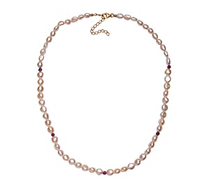 D'Joy Peach Freshwater Pearl and Ruby 2.00 ctw Necklace in 18K Vermeil Yellow Gold Over Sterling Silver 18 Inches