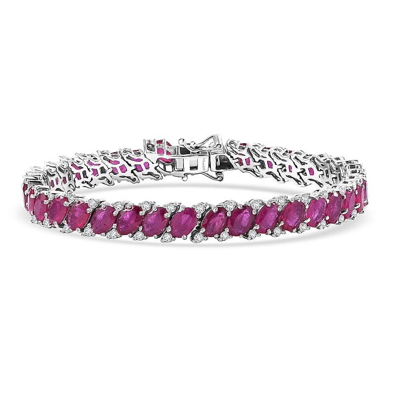 D'Joy Niassa Ruby (FF) and White Zircon 25.75 ctw Crimson Elegance Bracelet in Rhodium Over Sterling Silver (7.25 In)