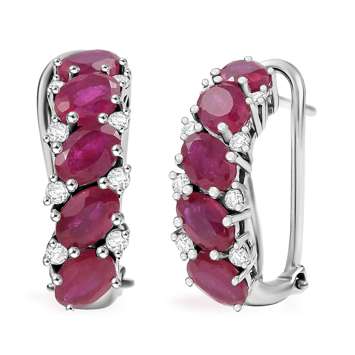 D’Joy Niassa Ruby (FF) and White Zircon 7.00 ctw Omega Clip Hoop Earrings in Rhodium Over Sterling Silver image number 0