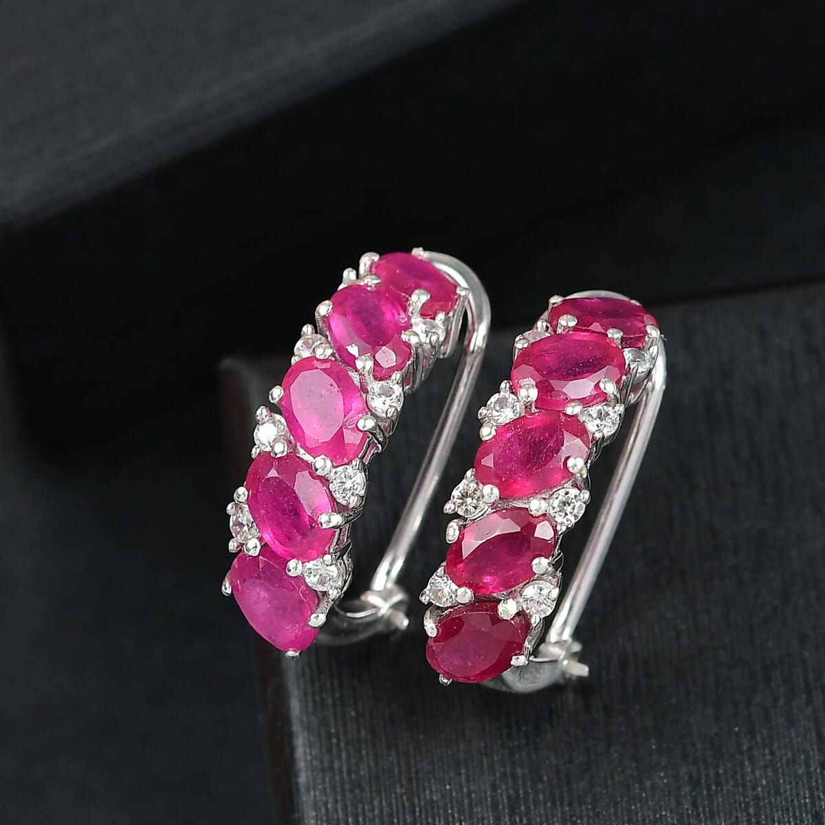 D’Joy Niassa Ruby (FF) and White Zircon 7.00 ctw Omega Clip Hoop Earrings in Rhodium Over Sterling Silver image number 1