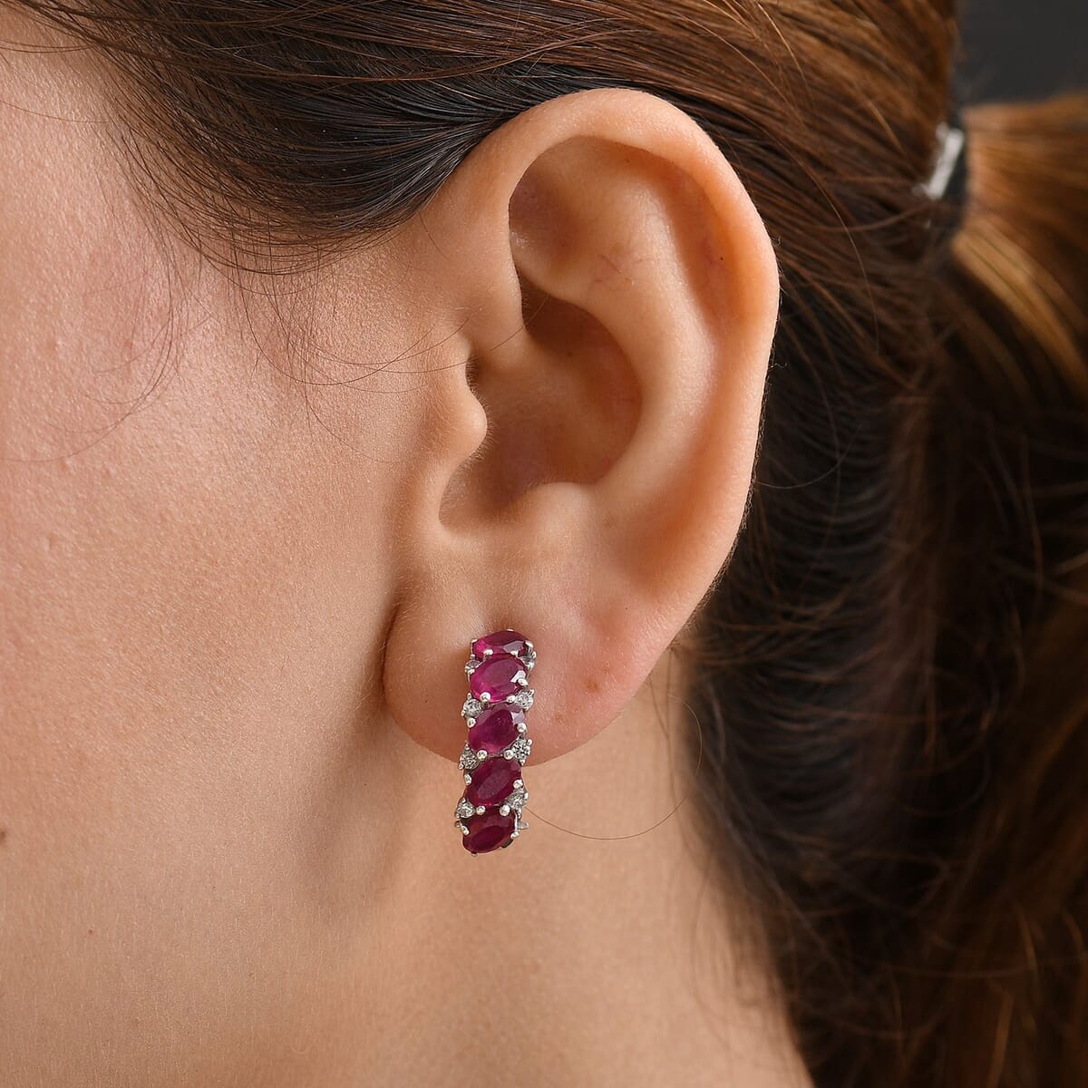 D’Joy Niassa Ruby (FF) and White Zircon 7.00 ctw Omega Clip Hoop Earrings in Rhodium Over Sterling Silver image number 2