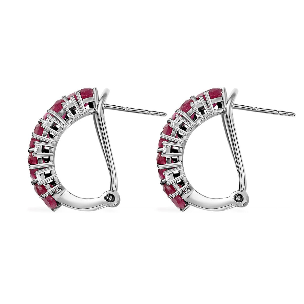 D’Joy Niassa Ruby (FF) and White Zircon 7.00 ctw Omega Clip Hoop Earrings in Rhodium Over Sterling Silver image number 3
