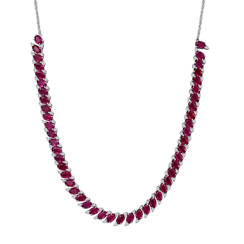 D'Joy Niassa Ruby (FF) and White Zircon 34.30 ctw Crimson Elegance Necklace 18 Inches in Rhodium Over Sterling Silver