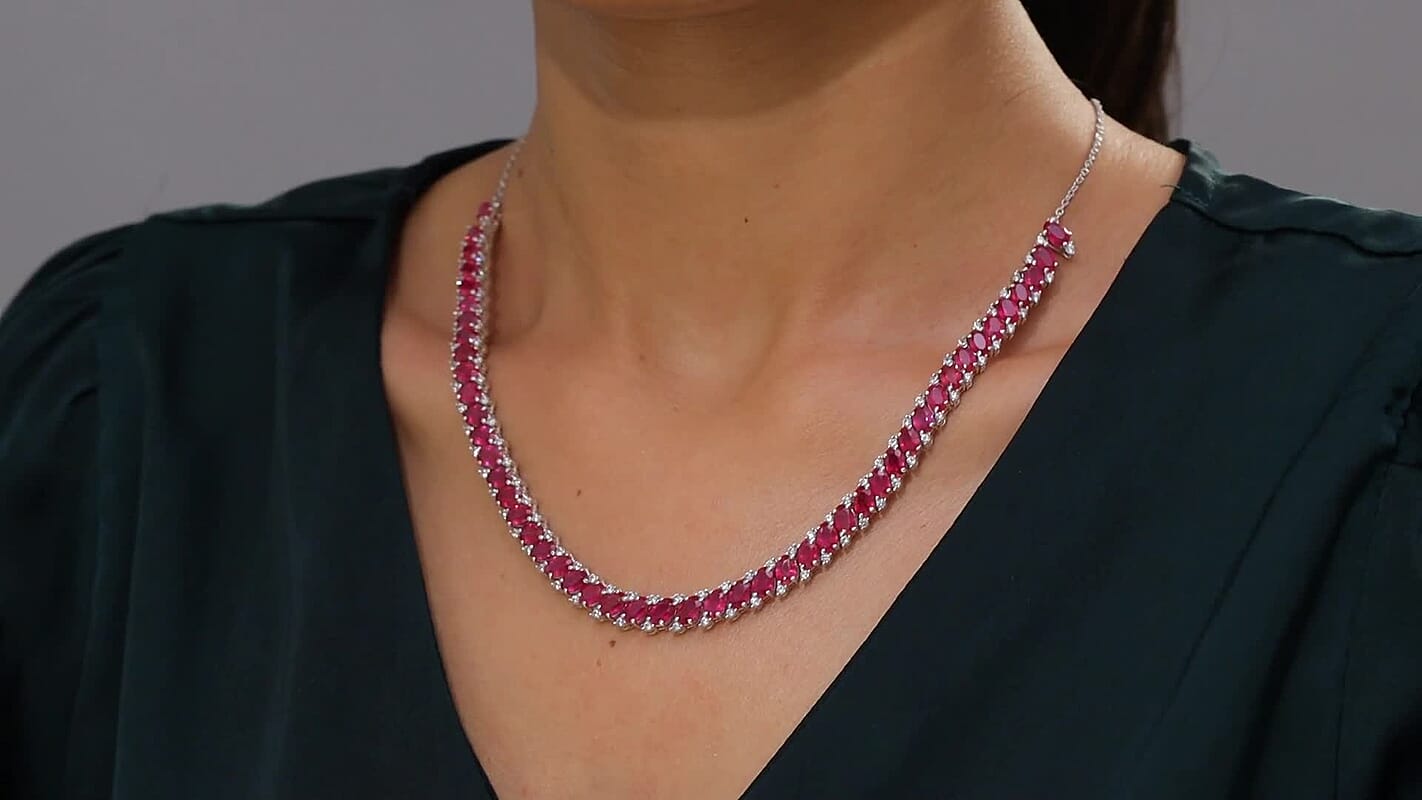 D'Joy Niassa Ruby (FF) and White Zircon 34.30 ctw Crimson Elegance Necklace 18 Inches in Rhodium Over Sterling Silver