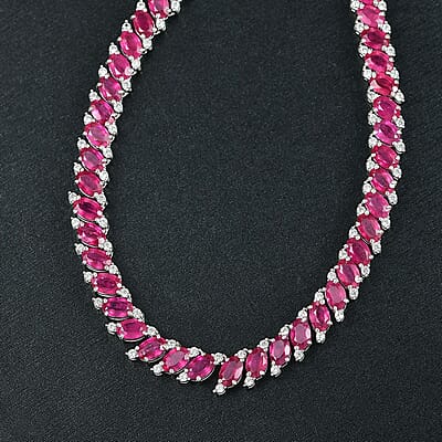 D'Joy Niassa Ruby (FF) and White Zircon 34.30 ctw Crimson Elegance Necklace 18 Inches in Rhodium Over Sterling Silver