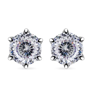 D'Joy Portuguese Cut 161 Facets Moissanite 1.90 ctw Solitaire Stud Earrings in Rhodium OverSterling Silver