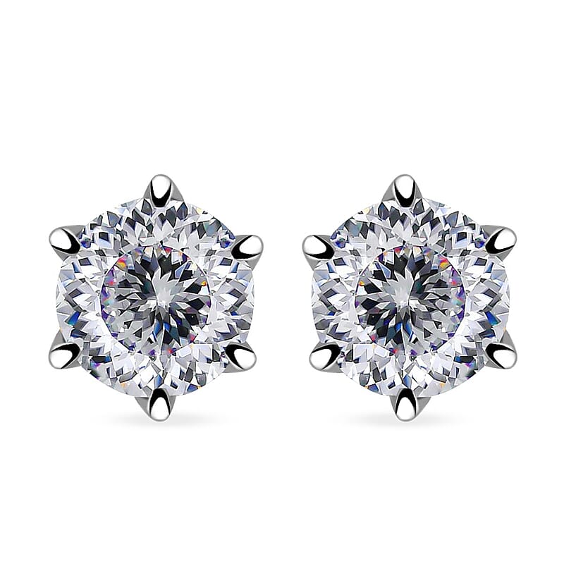 D'Joy Portuguese Cut 161 Facets Moissanite 1.90 ctw Solitaire Stud Earrings in Rhodium OverSterling Silver