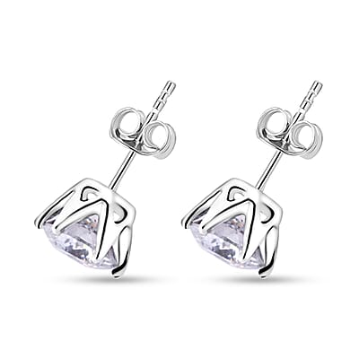 D'Joy Portuguese Cut 161 Facets Moissanite 1.90 ctw Solitaire Stud Earrings in Rhodium OverSterling Silver