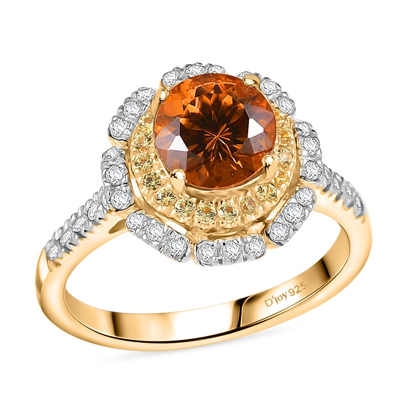 D'Joy 100 Facet Golden Turkizite and Multi Gemstone 2.10 ctw Floral Ring in 18K Vermeil Yellow Gold Over Sterling Silver (Size 10.0)