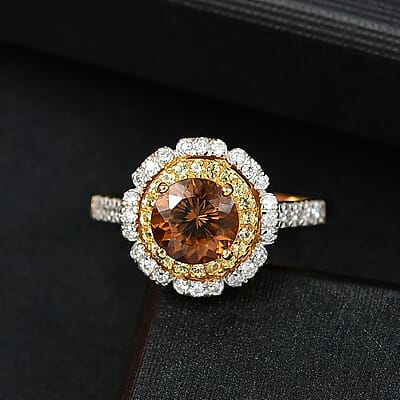 D'Joy 100 Facet Golden Turkizite and Multi Gemstone 2.10 ctw Floral Ring in 18K Vermeil Yellow Gold Over Sterling Silver (Size 10.0)