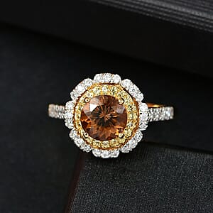 D'Joy 100 Facet Golden Turkizite and Multi Gemstone 2.10 ctw Floral Ring in 18K Vermeil Yellow Gold Over Sterling Silver (Size 6.0) 