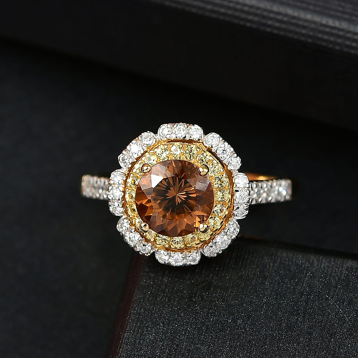 D'Joy 100 Facet Golden Turkizite and Multi Gemstone 2.10 ctw Floral Ring in 18K Vermeil Yellow Gold Over Sterling Silver (Size 9.0)  image number 1