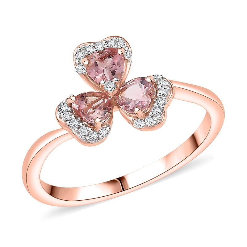 D'Joy Premium Blush Tourmaline and White Zircon 1.00 ctw Clover Kiss Clover Kiss Ring in 18K Vermeil Rose Gold Over Sterling Silver (Size 10.0)