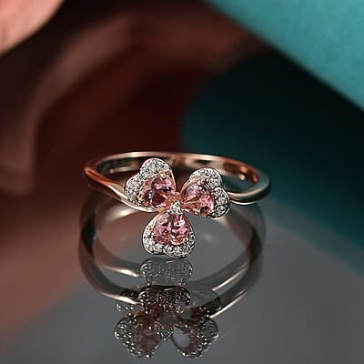 D'Joy Premium Blush Tourmaline and White Zircon 1.00 ctw Clover Kiss Clover Kiss Ring in 18K Vermeil Rose Gold Over Sterling Silver (Size 10.0)