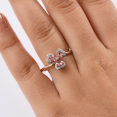 D'Joy Premium Blush Tourmaline and White Zircon 1.00 ctw Clover Kiss Clover Kiss Ring in 18K Vermeil Rose Gold Over Sterling Silver (Size 10.0)