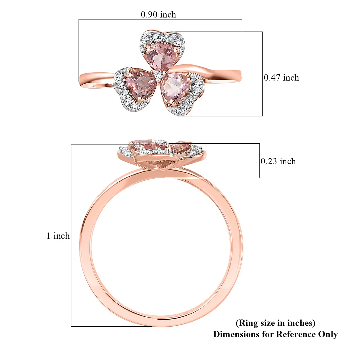 D'Joy Premium Blush Tourmaline and White Zircon 1.00 ctw Clover Kiss Clover Kiss Ring in 18K Vermeil Rose Gold Over Sterling Silver (Size 10.0)