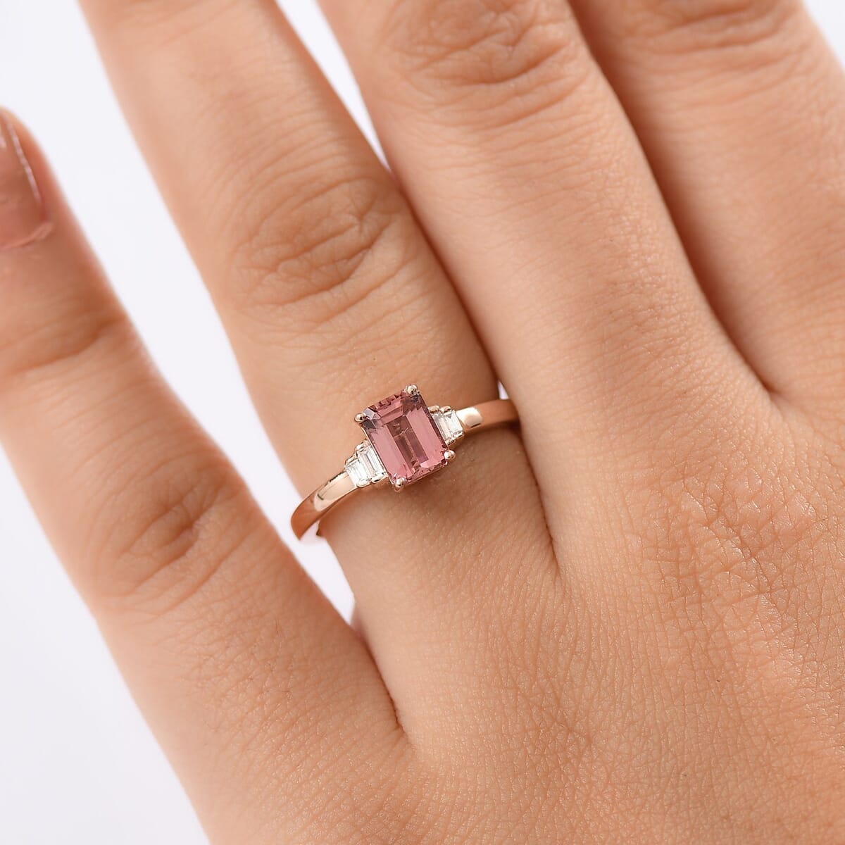 Premium Blush Tourmaline and G-H SI Luxuriant Lab Grown Diamond 1.25 ctw Crowned Blush Ring in 18K Vermeil Rose Gold Over Sterling Silver (Size 7.0) image number 2