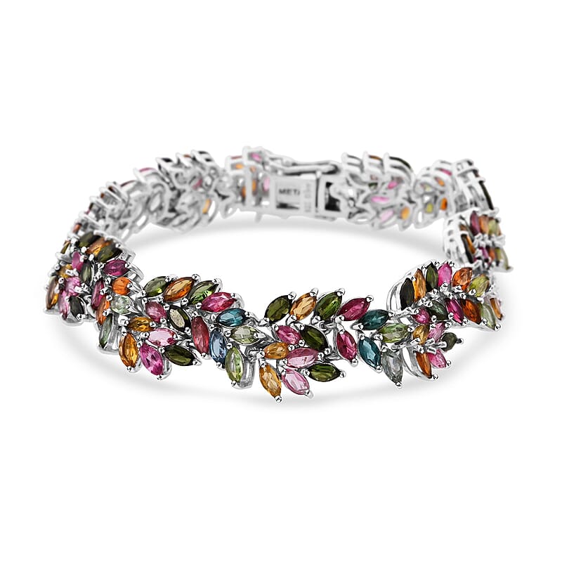D'Joy Premium Multi-Tourmaline 19.10 ctw Botanic Symphony Bracelet in Rhodium Over Sterling Silver (7.25 In)