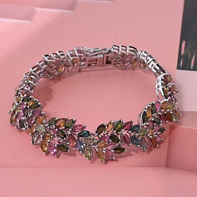 D'Joy Premium Multi-Tourmaline 19.10 ctw Botanic Symphony Bracelet in Rhodium Over Sterling Silver (7.25 In)