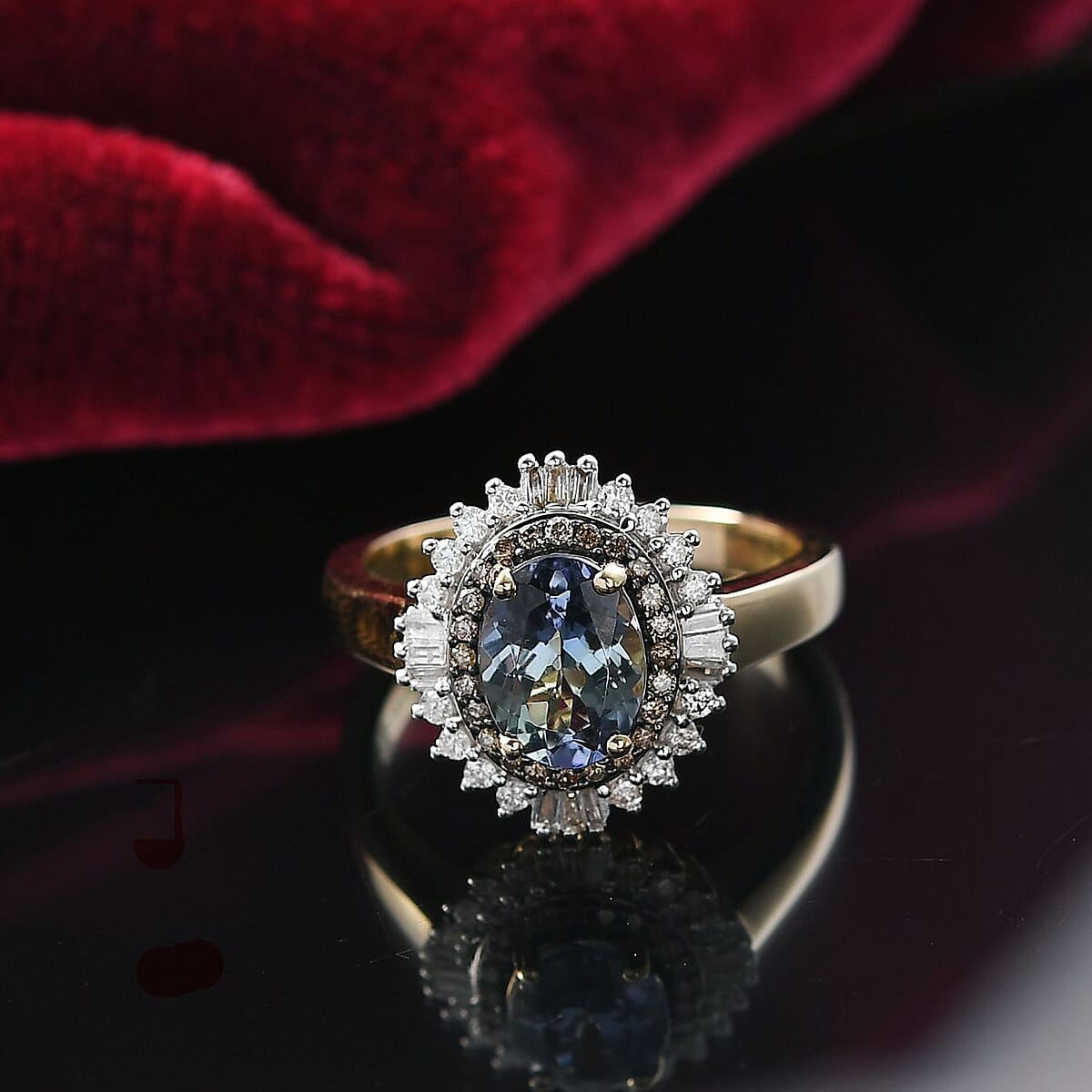 Luxoro 10K Yellow Gold AAA Peacock Tanzanite, Natural Champagne and White Diamond (I2) Sunburst Ring (Size 10.0) 2.15 ctw image number 1
