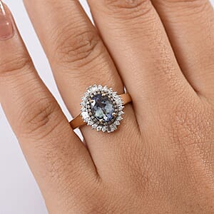 Luxoro 10K Yellow Gold AAA Peacock Tanzanite, Natural Champagne and White Diamond (I2) Sunburst Ring (Size 10.0) 2.15 ctw