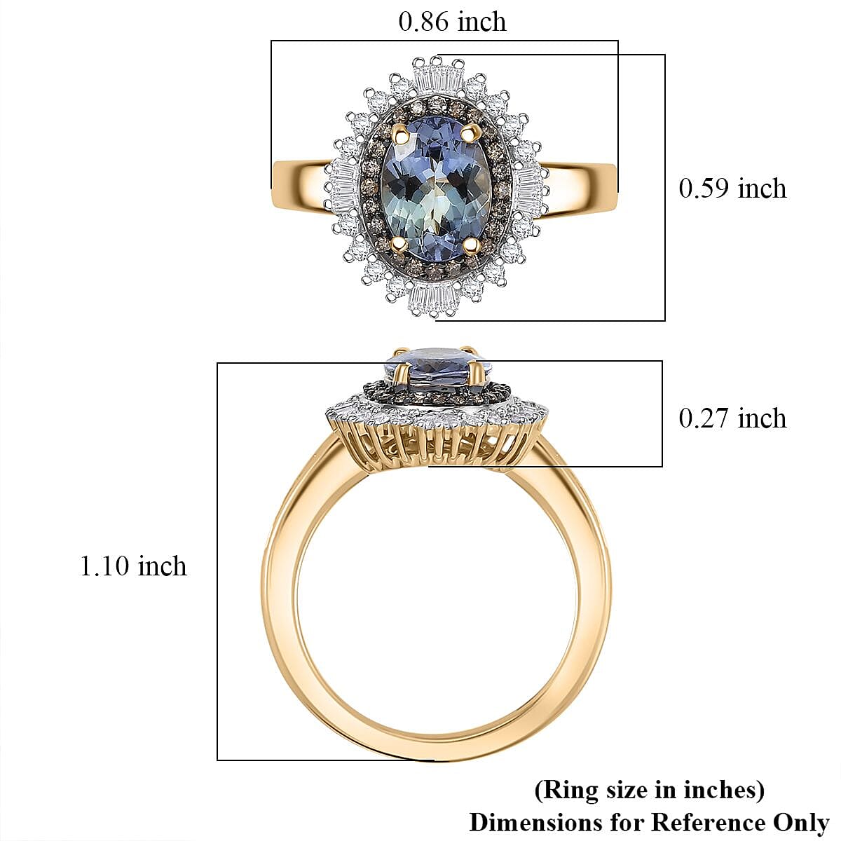 Luxoro 10K Yellow Gold AAA Peacock Tanzanite, Natural Champagne and White Diamond (I2) Sunburst Ring (Size 10.0) 2.15 ctw image number 5