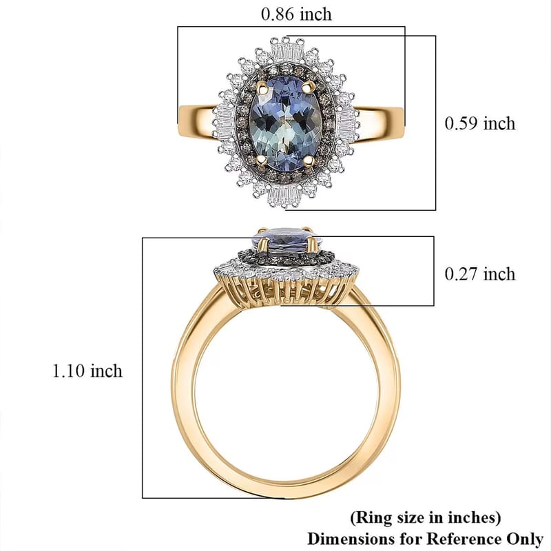 Luxoro 10K Yellow Gold AAA Peacock Tanzanite, Natural Champagne and White Diamond (I2) Sunburst Ring (Size 10.0) 2.15 ctw