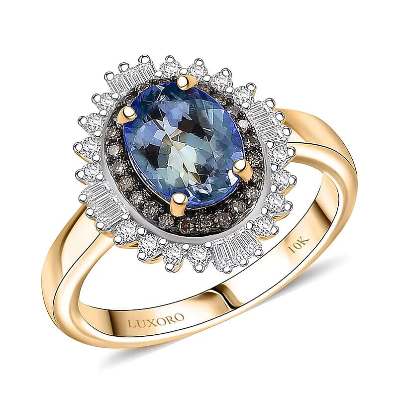 Luxoro 10K Yellow Gold AAA Peacock Tanzanite, Natural Champagne and White Diamond (I2) Sunburst Ring (Size 12.0) 2.15 ctw